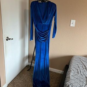 Blue velvet gown. Long sleeve
